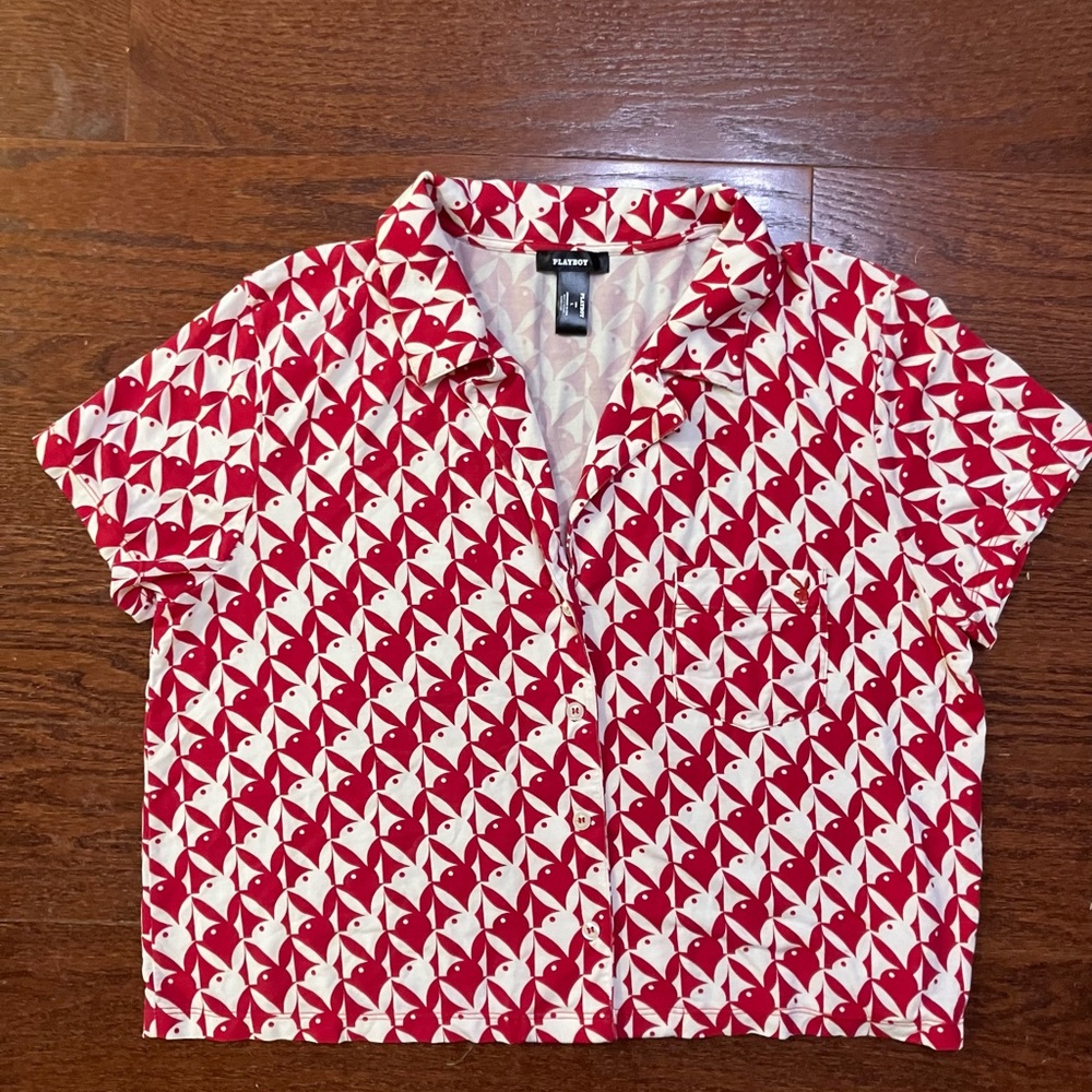 Playboy red white button down cropped pajama top